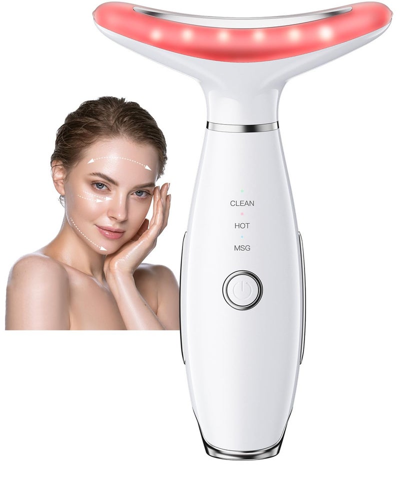 مدلك للوجه، 3 ألوان علاج بالضوء الأحمر للوجه والرقبة للتجاعيد والذقن المزدوجة، مدلك للوجه بالاهتزاز مع حراري أبيض - Image 1